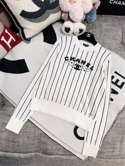 Chanel 23p white and black Striped Cashmere Sweater
