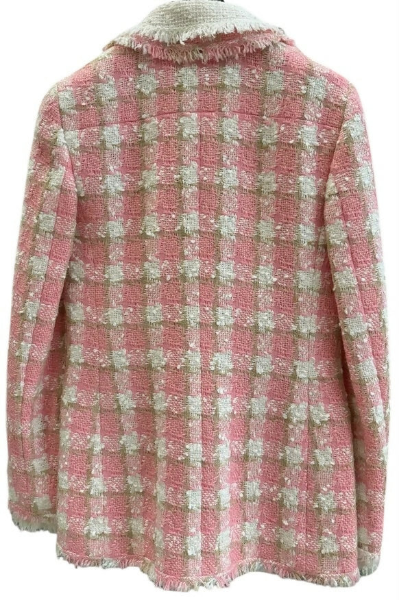 Chanel 04C Pink White Cream Fringe Tweed Checker Jacket FR 42