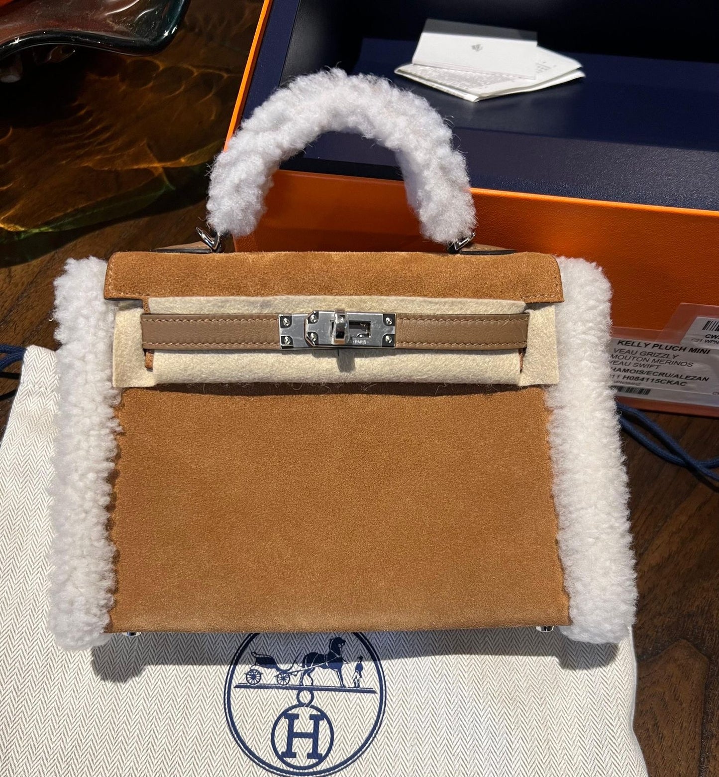 Hermes Mini Kelly 20 Teddy Alezan Swift & Chamois Grizzly leather palladium hardware