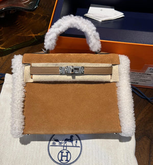 Hermes Mini Kelly 20 Teddy Alezan Swift & Chamois Grizzly leather palladium hardware