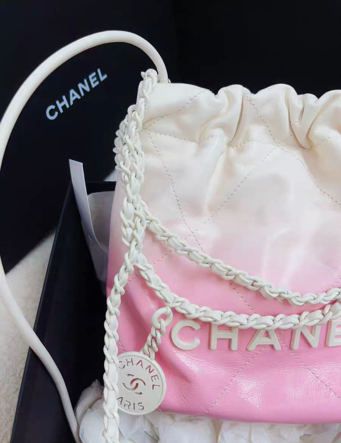 24S Chanel 22 Mini Handbag Patent calf leather with gradient and lacquered metal, White & Light Pink