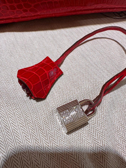 Hermès Birkin 35 Rouge Braise Shiny Porosus Crocodile 18K White Gold and Diamond Hardware