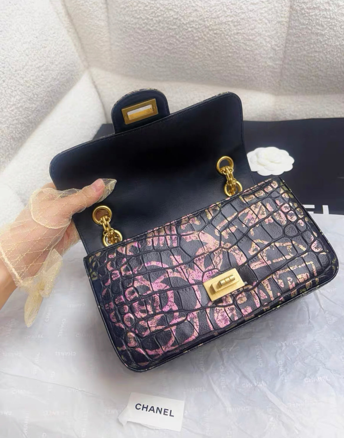 CHANEL 19A IRIDESCENT PINK, GREEN AND GOLD GRAFFITI PRINT BLACK