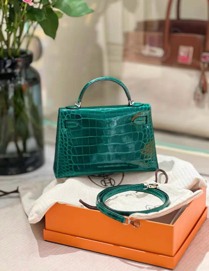 HERMES MINI KELLY SELLIER EMERALD SHINY ALLIGATOR PALLADIUM HARDWARE