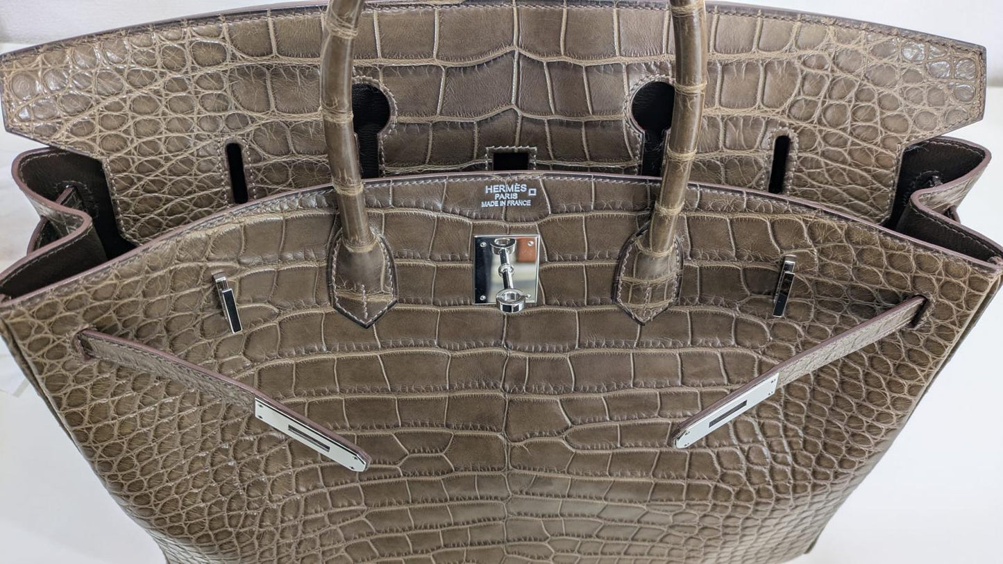 Rare Hermes Birkin 40 Gris Elephant Matte Alligator leather palladium hardware