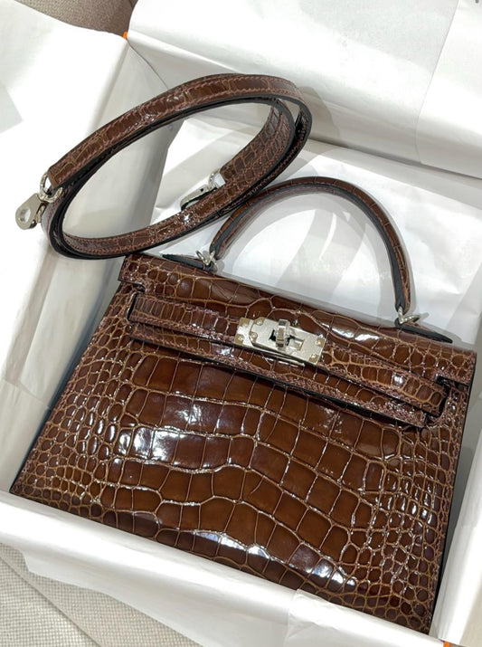 Hermes Mini Kelly 20 Miel Shiny Alligator Palladium Hardware