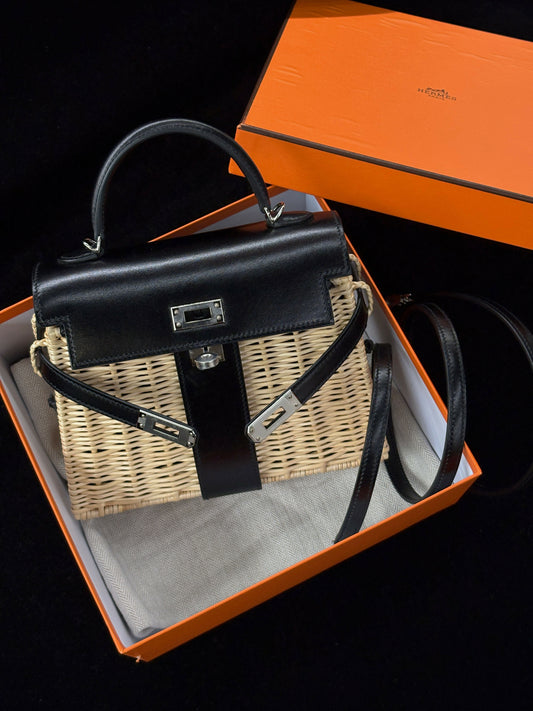 Hermès Mini Kelly Picnic 20 Noir Box Calf & Osier Wicker with Palladium Hardware