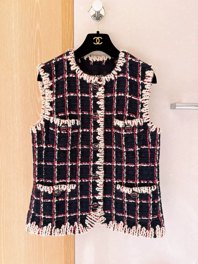Chanel 19K Red and Blue Check Tweed Vest