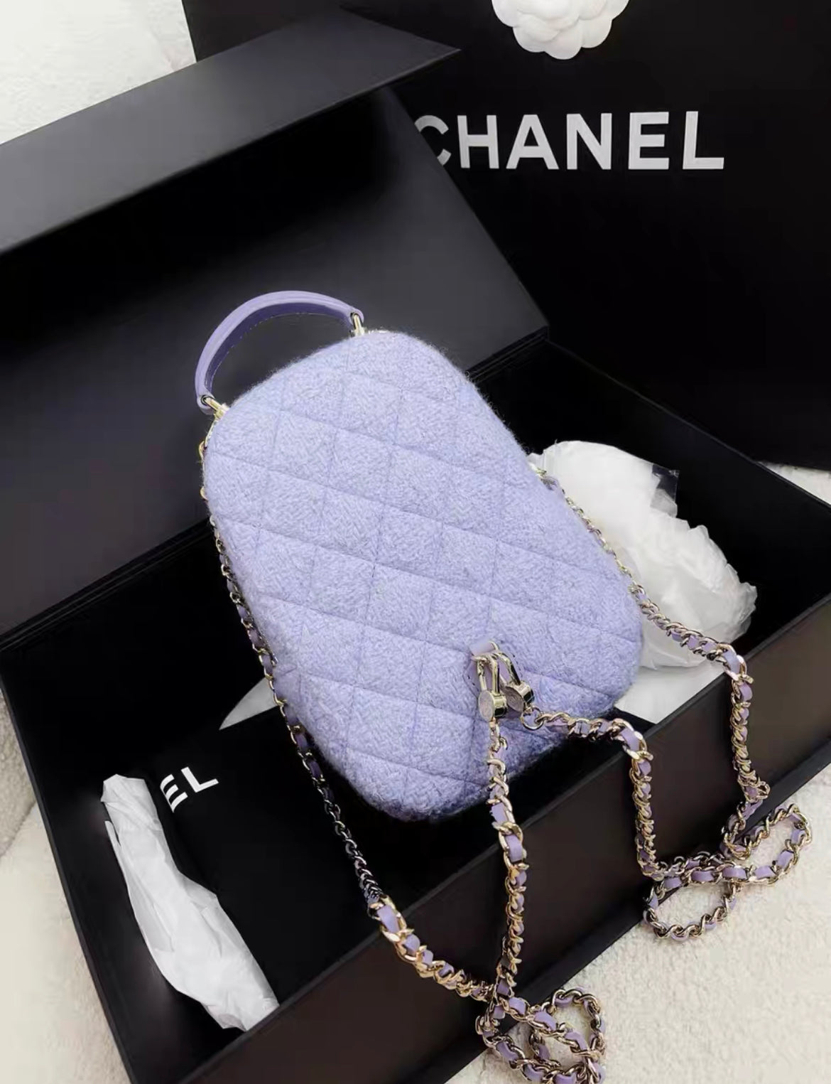 chanel backpack mini Chanel 24A CLASSIC MINI BACKPACK Wool Tweed & Gold-Tone Metal Lilac