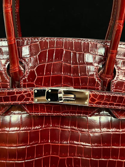 Hermes Birkin 30 Bordeaux Shiny Crocodile Leather Palladium Hardware
