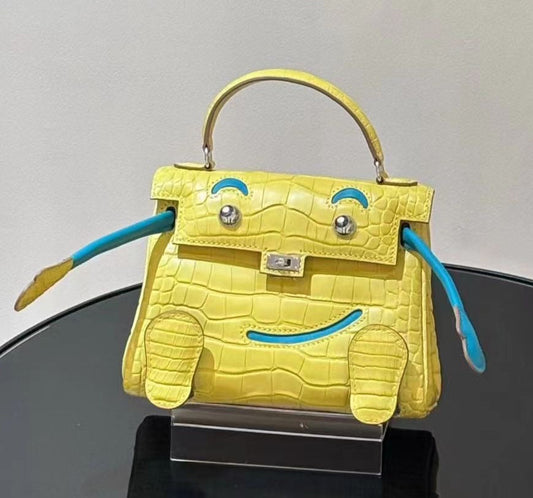 Hermès Kelly Doll Marigold Yellow Matte Alligator Blue Swift leather PalladiumHardware