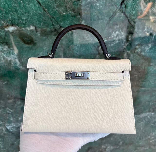 Hermes mini Kelly 20 tricolor nata / black / dune epsom palladium hardware