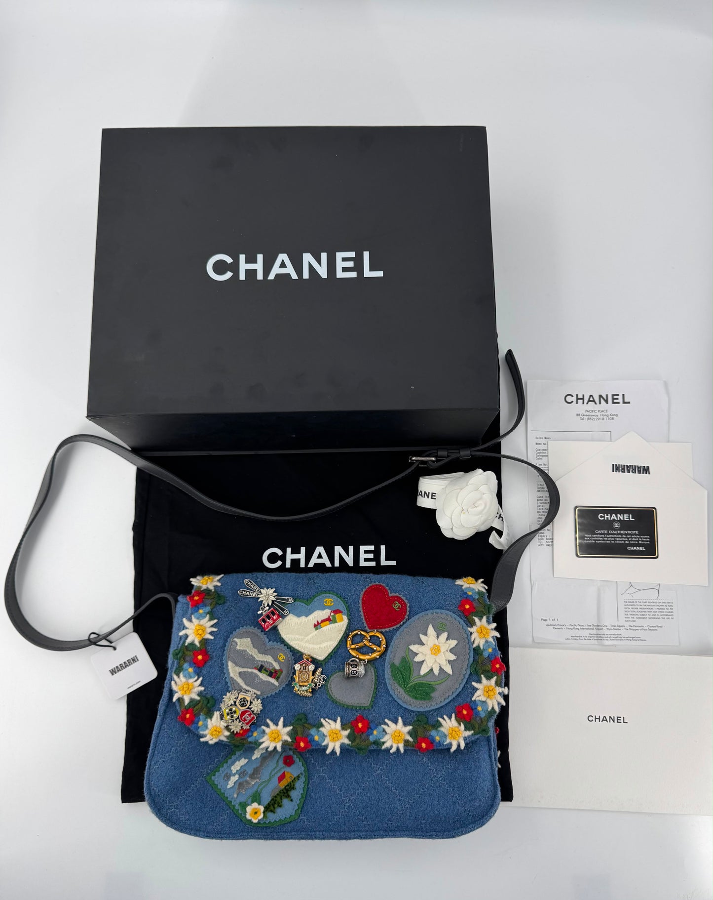 Limited edition Chanel 2015 Blue Fabric Paris-Salzburg Crest Austrian Embroidered Messenger Bag