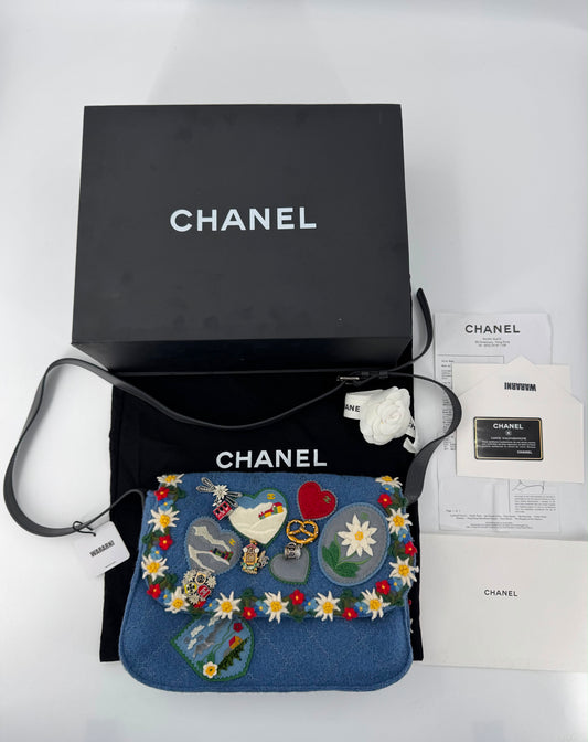 Limited edition Chanel 2015 Blue Fabric Paris-Salzburg Crest Austrian Embroidered Messenger Bag