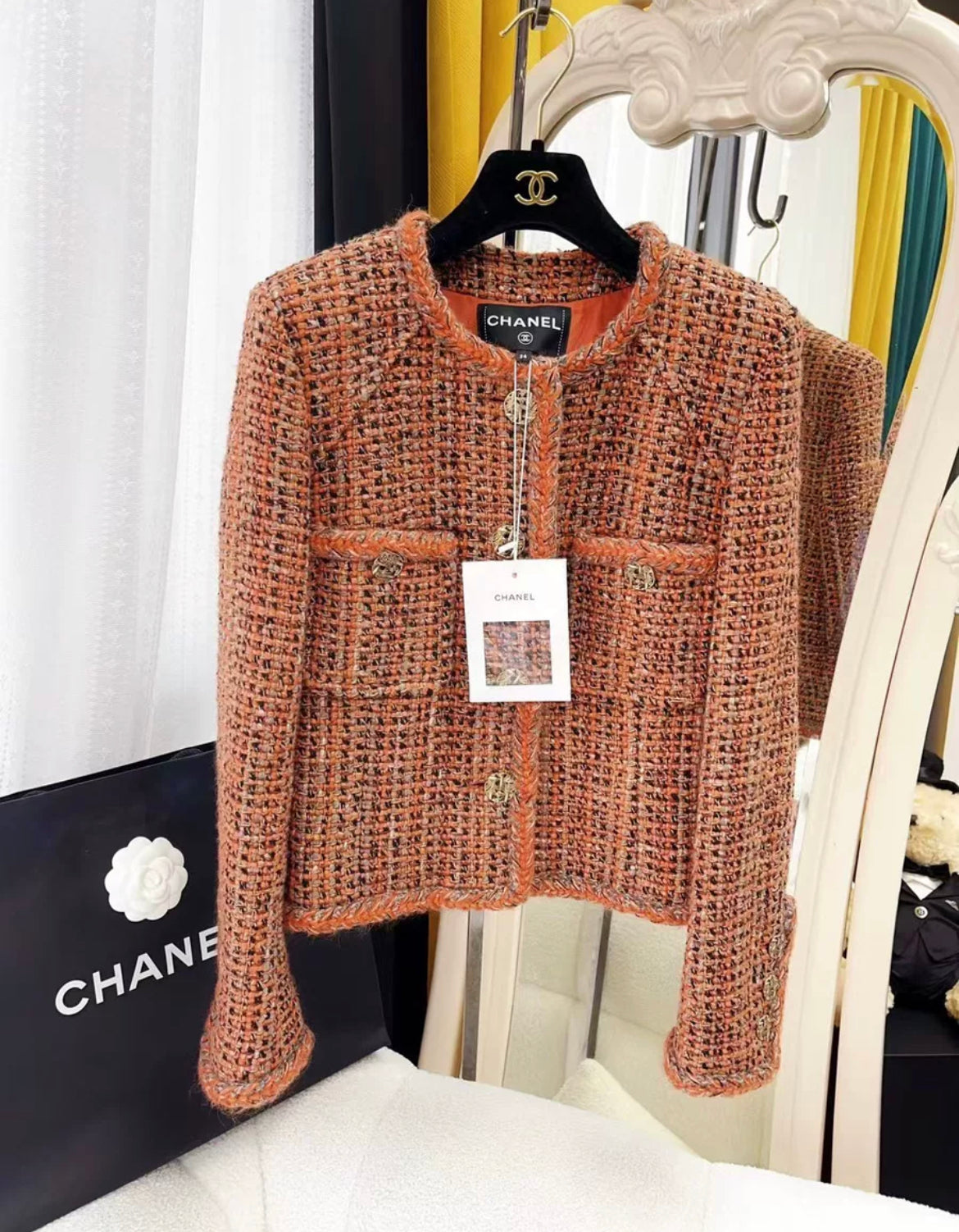 Chanel 18k Copper, grey, black wool tweed jacket size 34