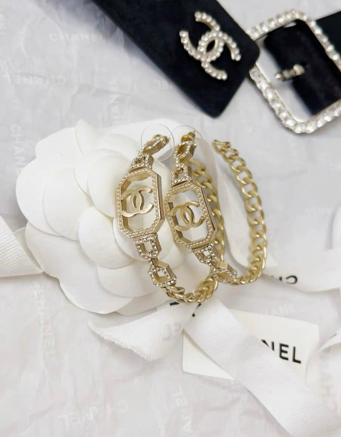 Chanel gold CC chain diamond hoop earrings