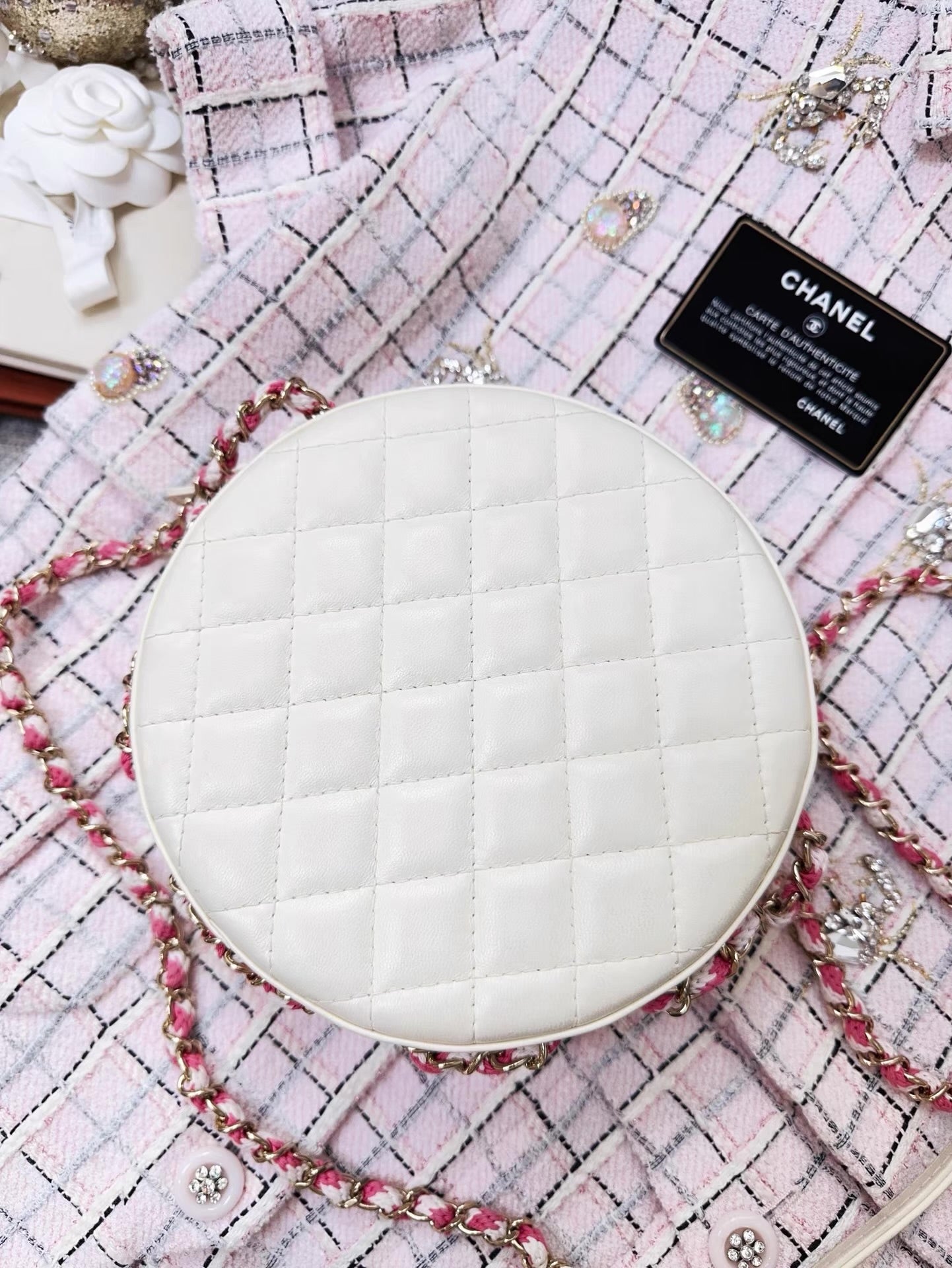 Chanel 19C Pink/White Lambskin Leather Coco Lifesaver Small Round Bag