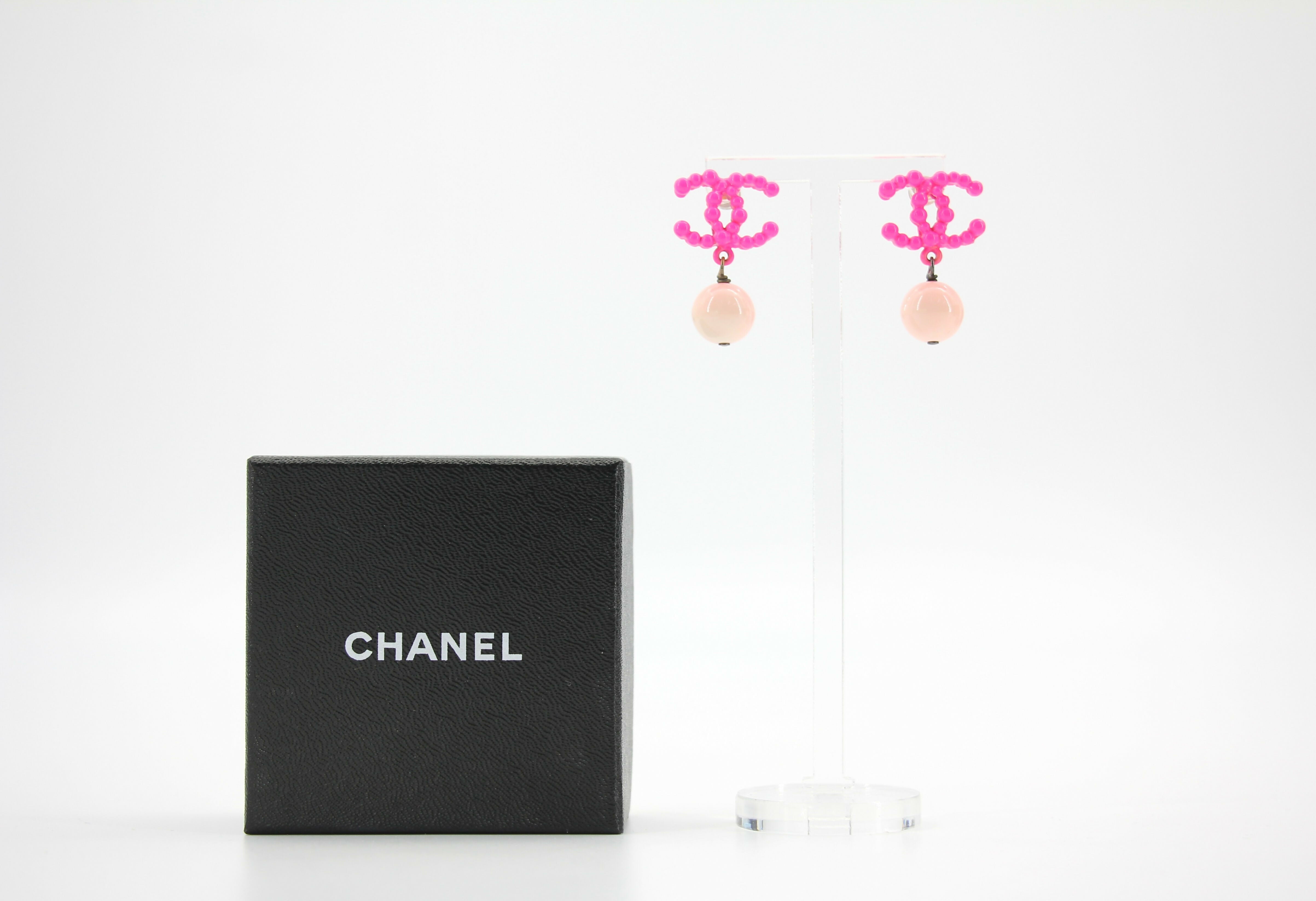 Chanel Vintage 04A Resin Fluorescent Pink Bobble Pendant Stud