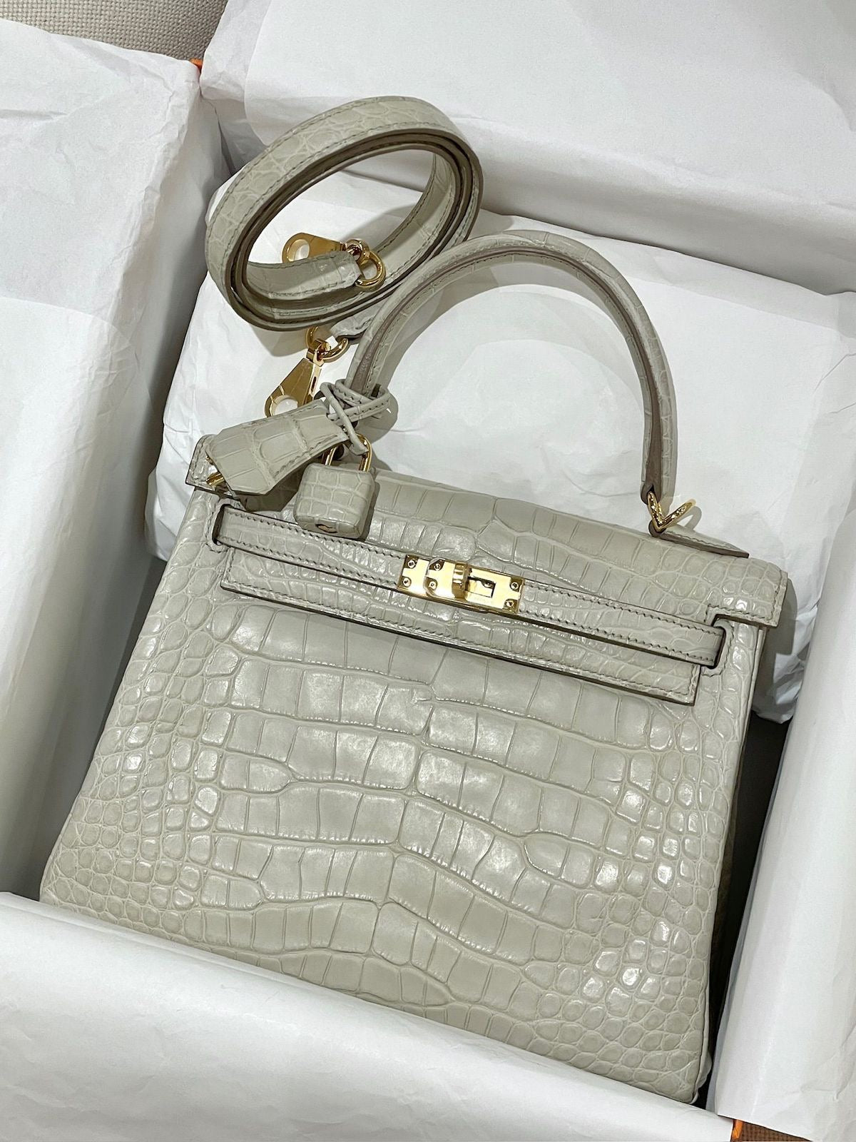 Hermes Kelly 25 Beton Matte Alligator Gold Hardware