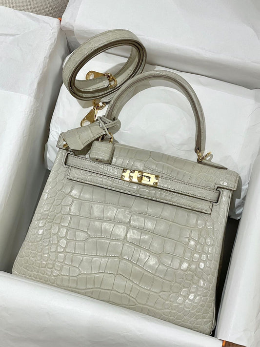 Hermes Kelly 25 Beton Matte Alligator Gold Hardware