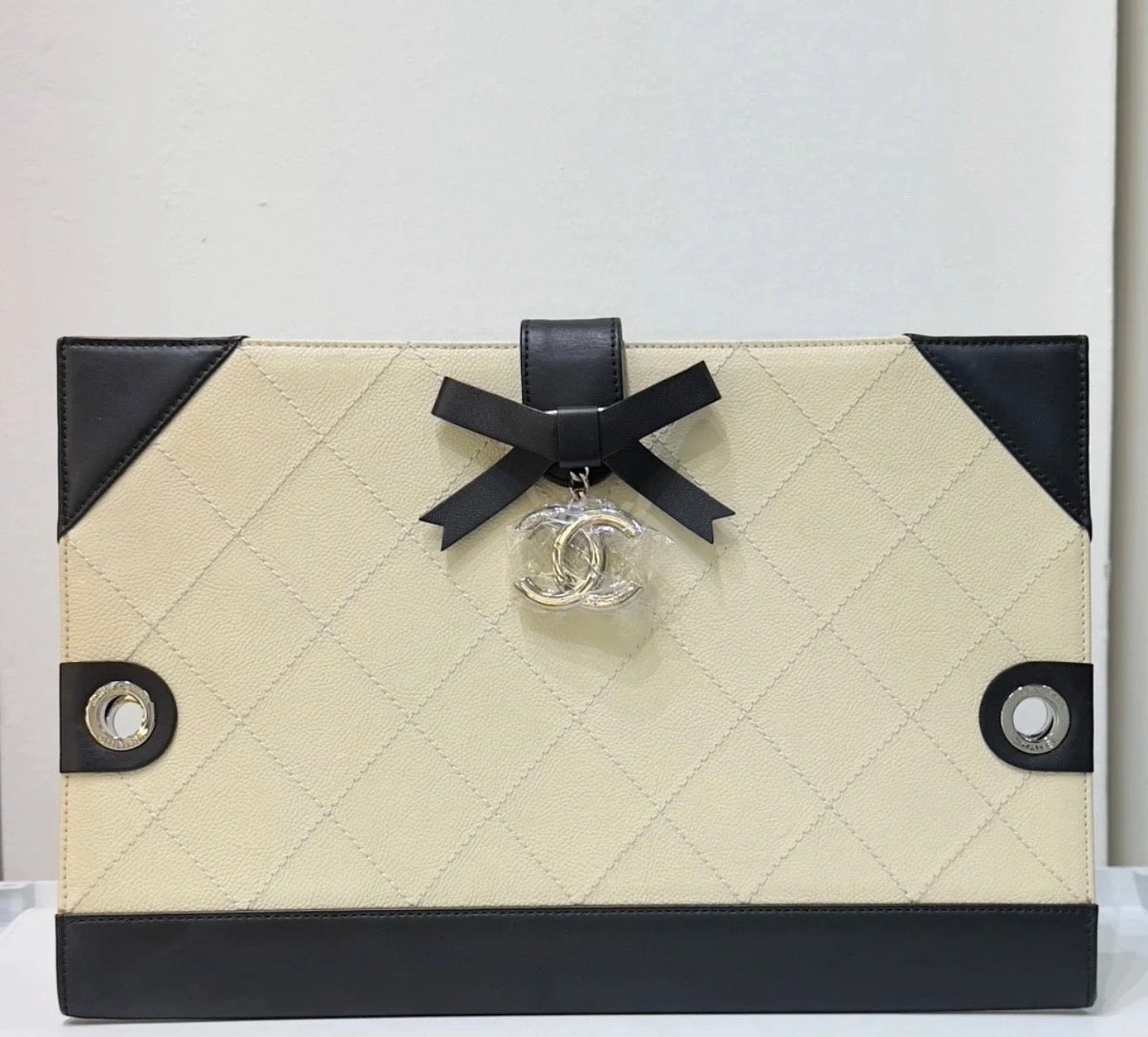 Chanel Medium Off White/Black Quilted Leather Drawing Portfolio Bag