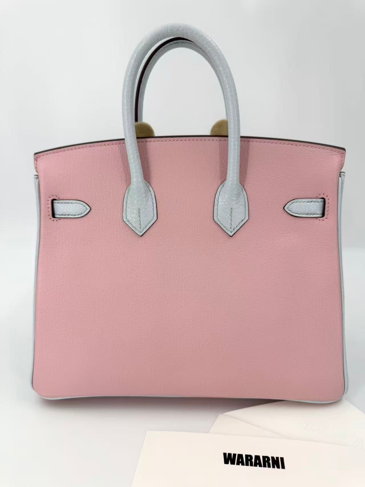 Hermès Birkin 25 3Q rose sakura pink & T0 Blue Brume Goatskin leather Brushed Palladium Hardware