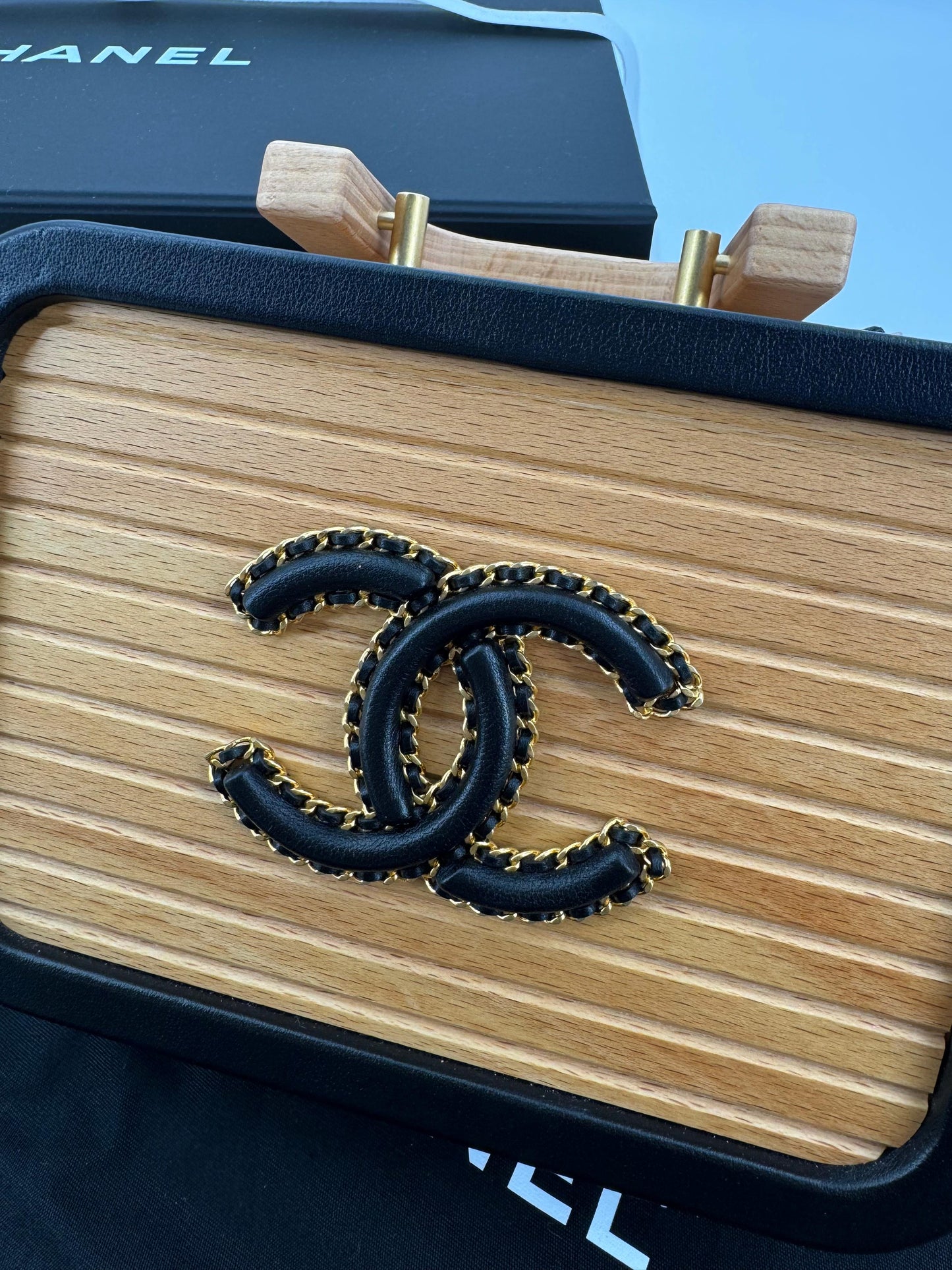 Chanel 2022 Beech Wood and Black Lambskin CC Vanity Case Brushed Gold Hardware