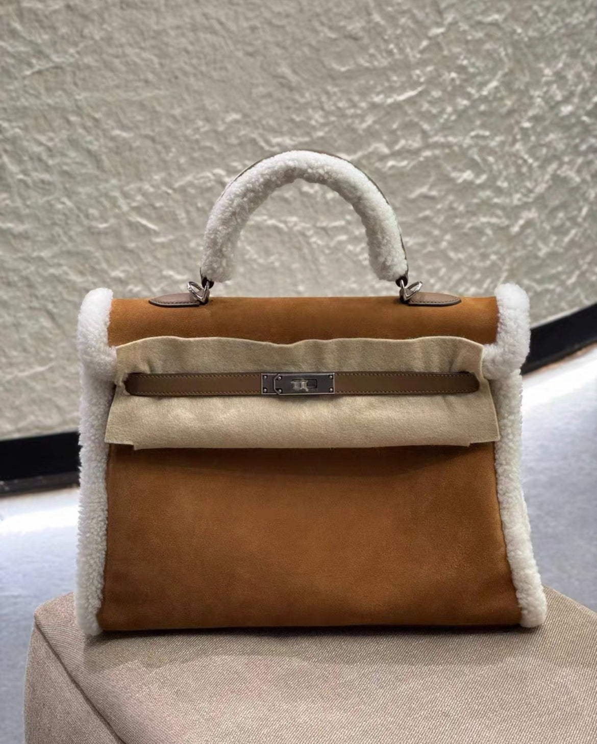 Hermès Kelly 35 Teddy Plush Shearling Chamois/Ecru/Alezan Palladium Hardware