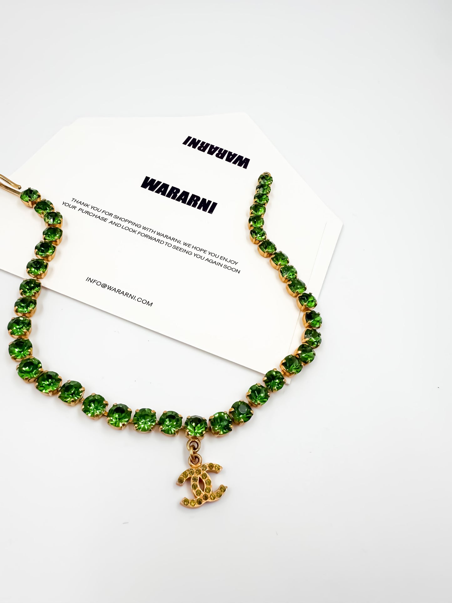 Chanel 1995P Vintage Barbie Collection Green Rhinestone Belt & Necklace Set