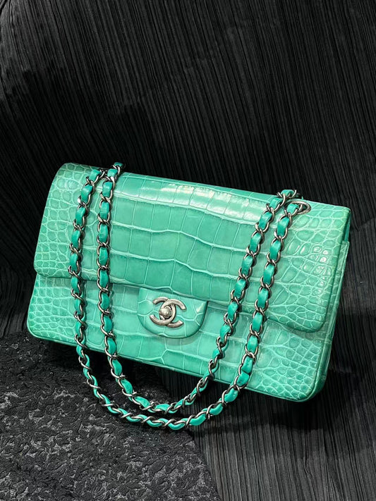 Chanel Green Jade crocodile leather medium flap silver hardware
