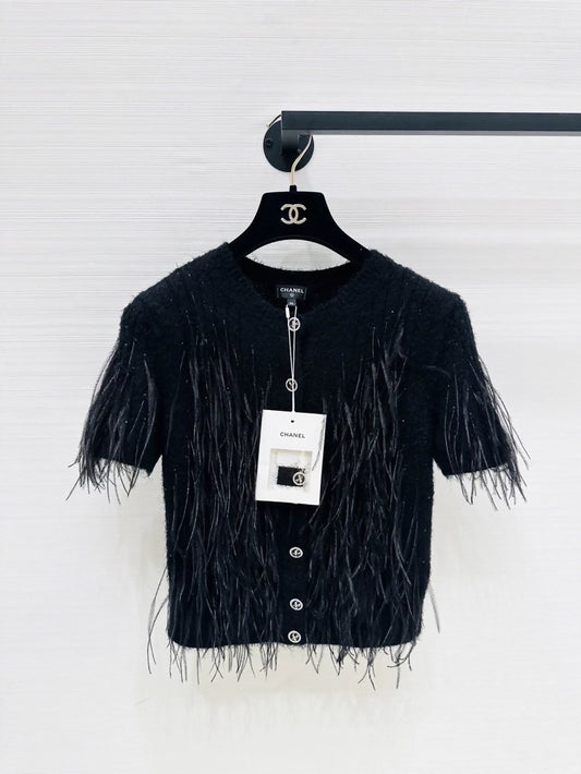 Chanel 25S black feather cardigan