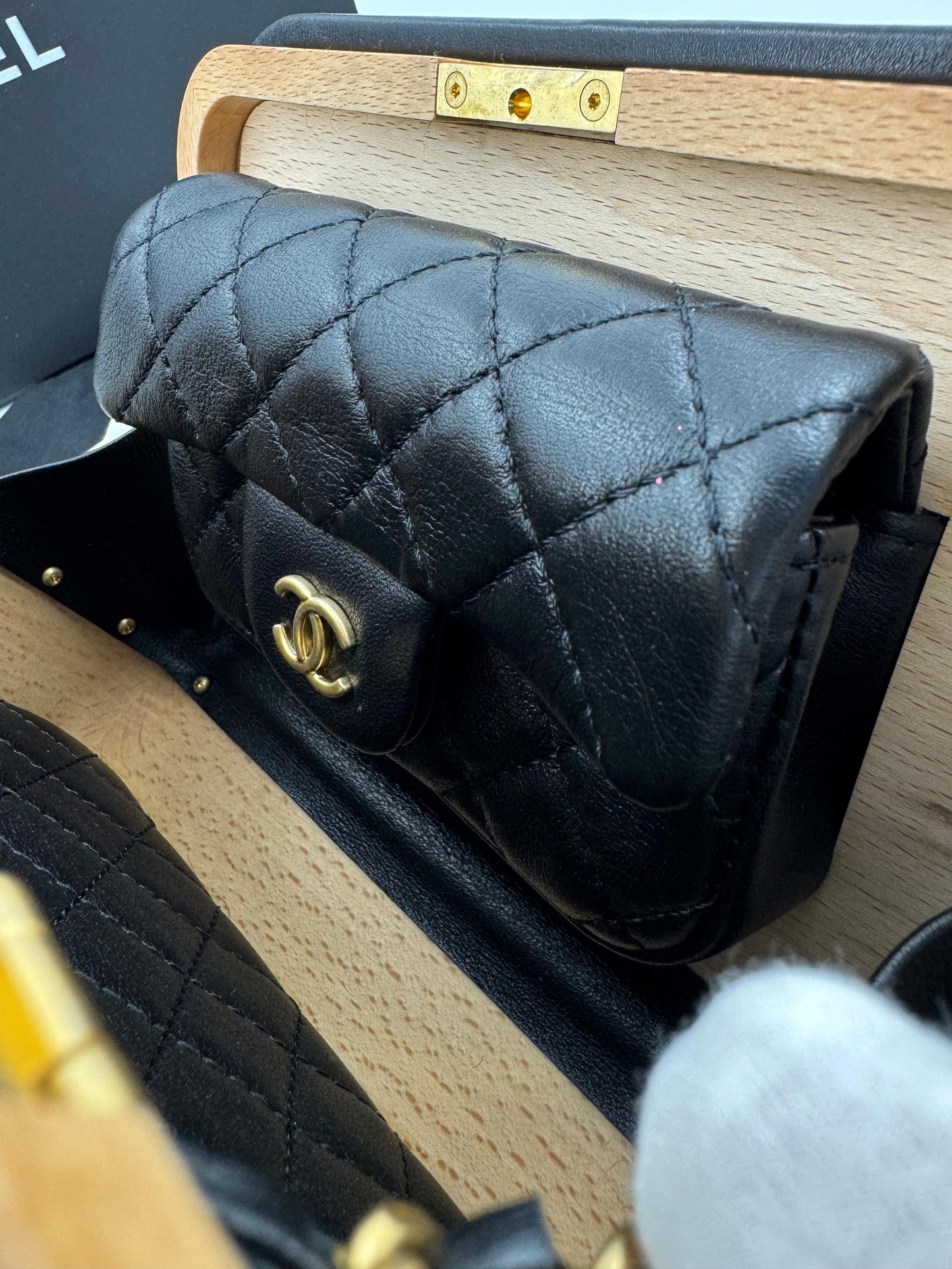 Chanel 2022 Beech Wood and Black Lambskin CC Vanity Case Brushed Gold Hardware