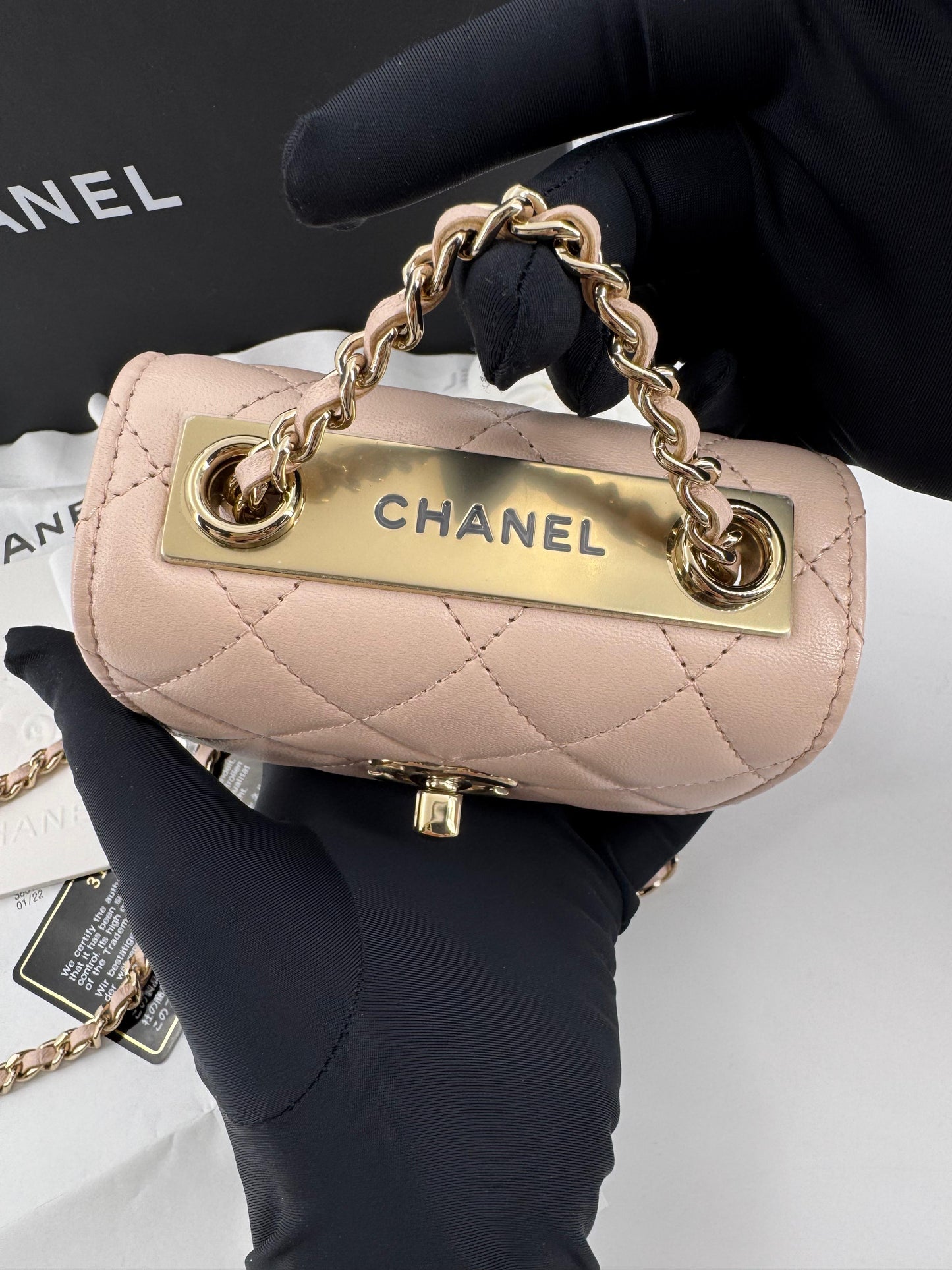 Chanel peach quilted leather coin purse with gold chain strap