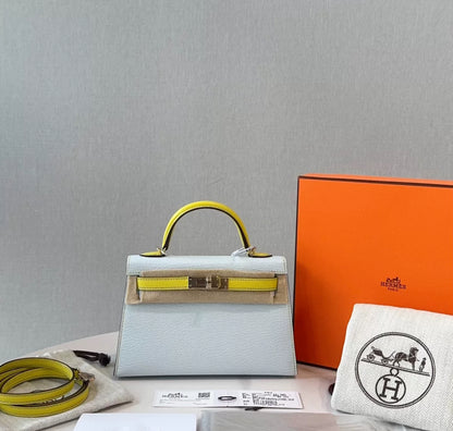 Hermès Mini Kelly Blue & Yellow Goatskin Leather Gold Hardware