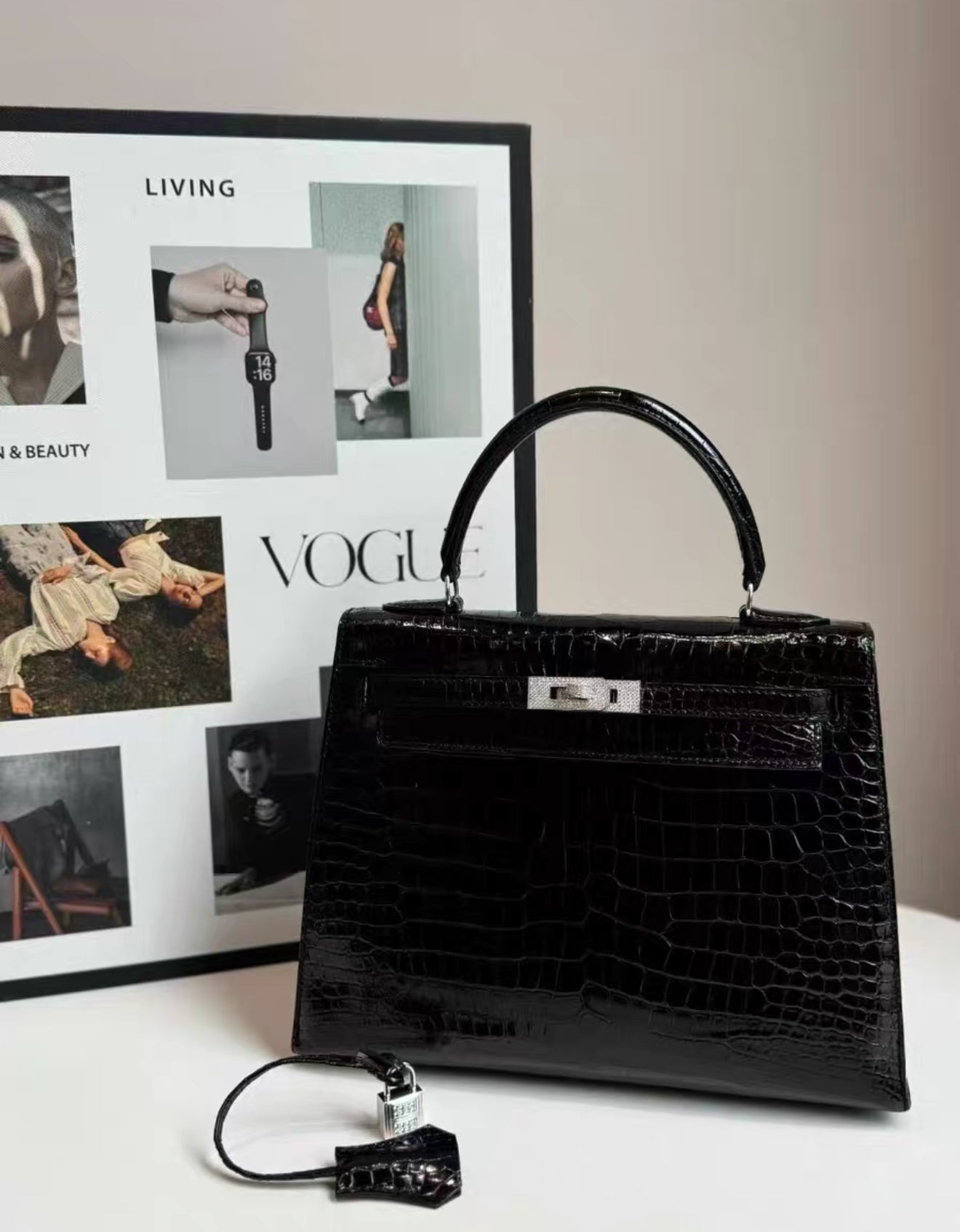 Hermes Kelly 25 Shiny crocodile leather white gold & diamond hardware