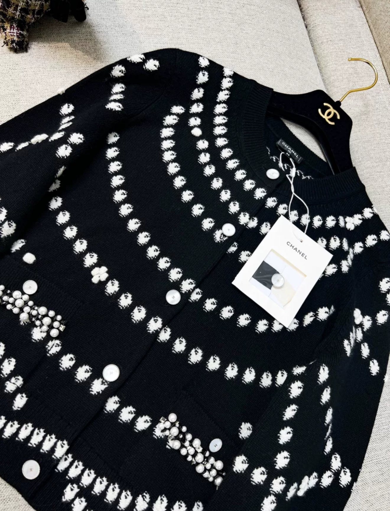 Chanel 25P Black & White Cashmere Embroidered Cardigan