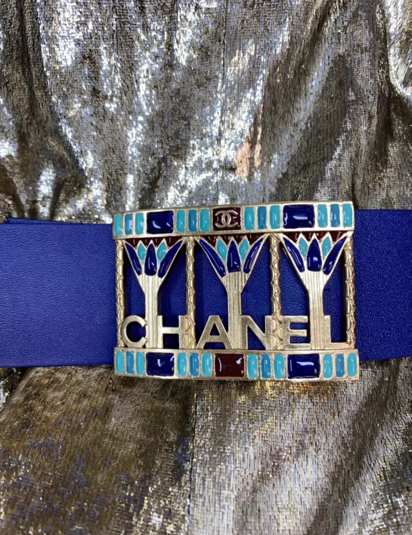 Chanel 19A Embroidered Velvet Light Gold Belt Dress