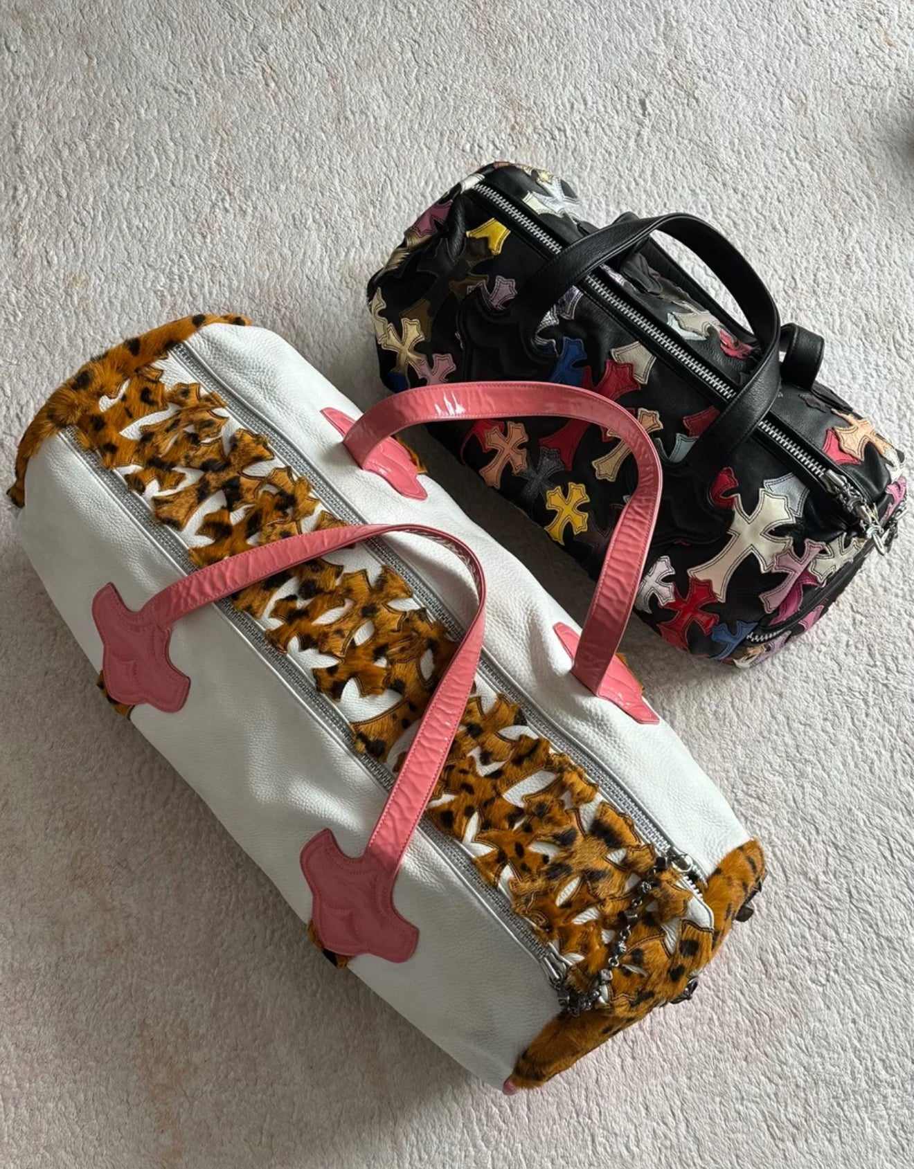 Chrome Hearts duffel bag white leather, pink handles bag with leopard cross patches