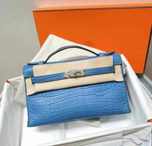 Hermès Kelly Pochette Blue Mykonos Matte alligator palladium hardware