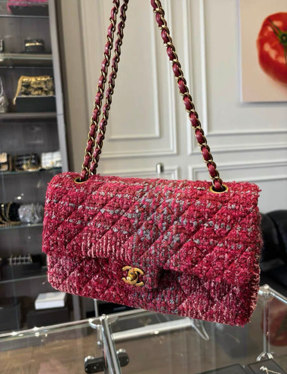 Chanel Burgundy Red and Multicolor Tweed Medium Classic Flap Bag Gold Hardware, rare model