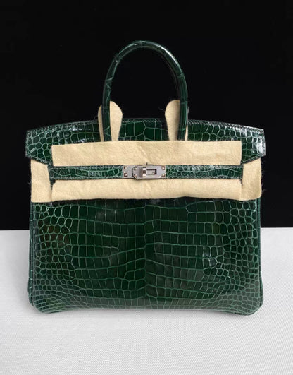 Hermes Birkin 25 shiny green emerald crocodile leather palladium hardware