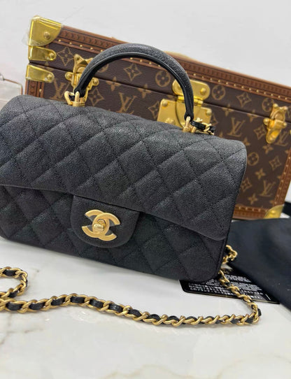 Chanel Black Caviar Quilted Mini Top Handle Rectangular Flap with Gold Hardware