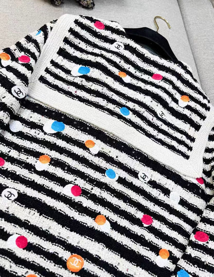 Chanel 24S black and white striped colorful polka dot navy collar knitted top