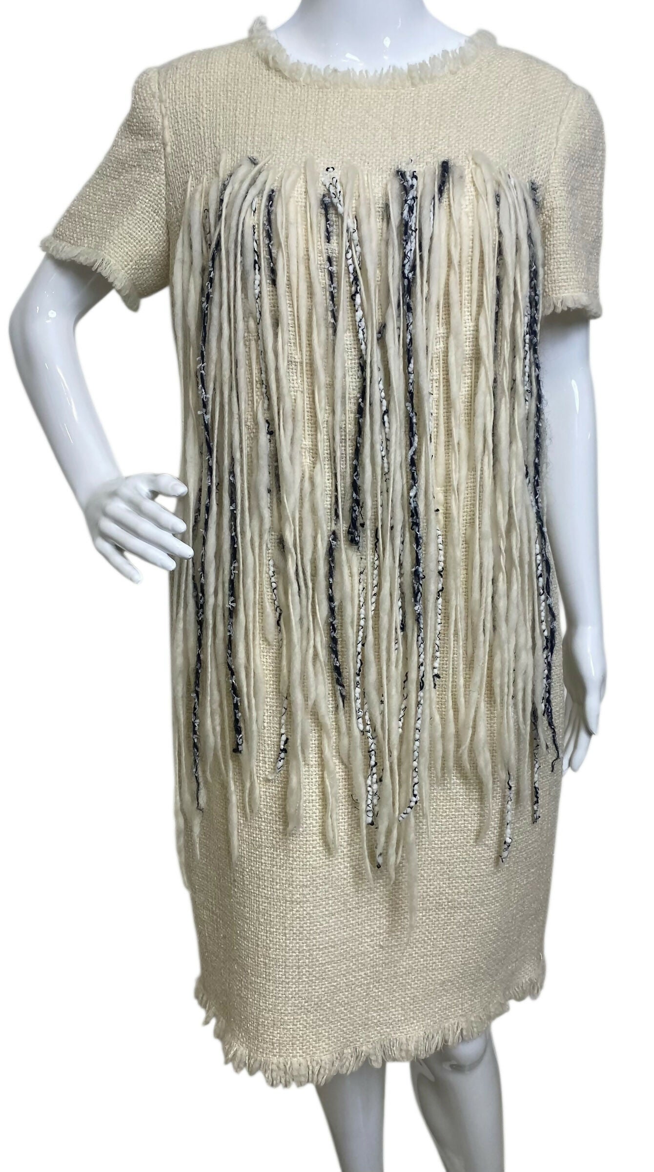 Chanel 10A ‘Arctic Ice’ Micro Pearl Beaded Fringe Ivory Tweed Shift Dress FR 44