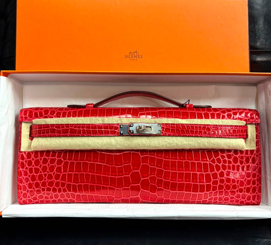 Hermes Kelly cut red bougainvillea shiny porosus palladium hardware