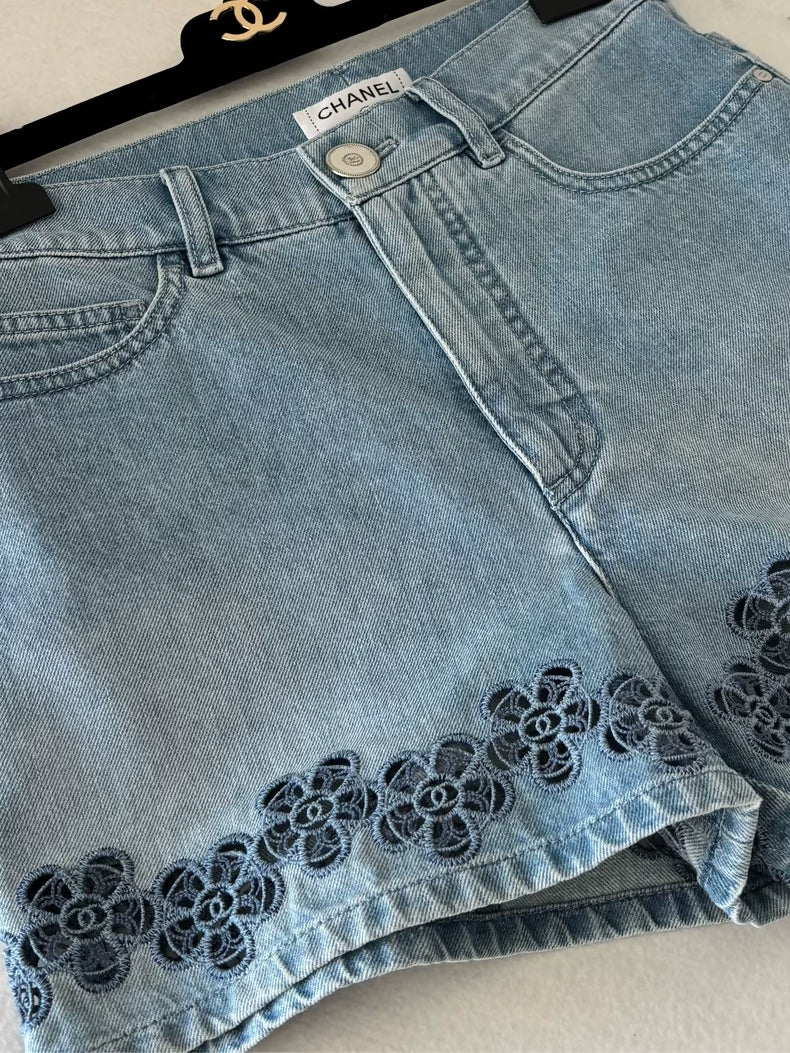 Chanel 24P Camellia Embroidered Denim Shorts