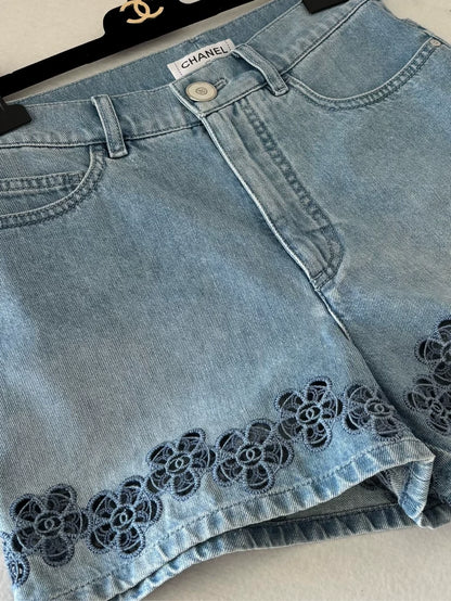 Chanel 24P Camellia Embroidered Denim Shorts