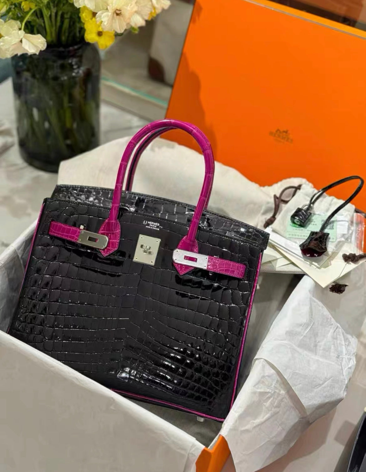 Hermes Birkin 30 Niloticus Crocodile Black & Fuchsia Pink Palladium Hardware