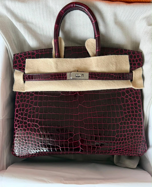 Hermes Birkin 25 Bordeaux shiny porosus palladium hardware