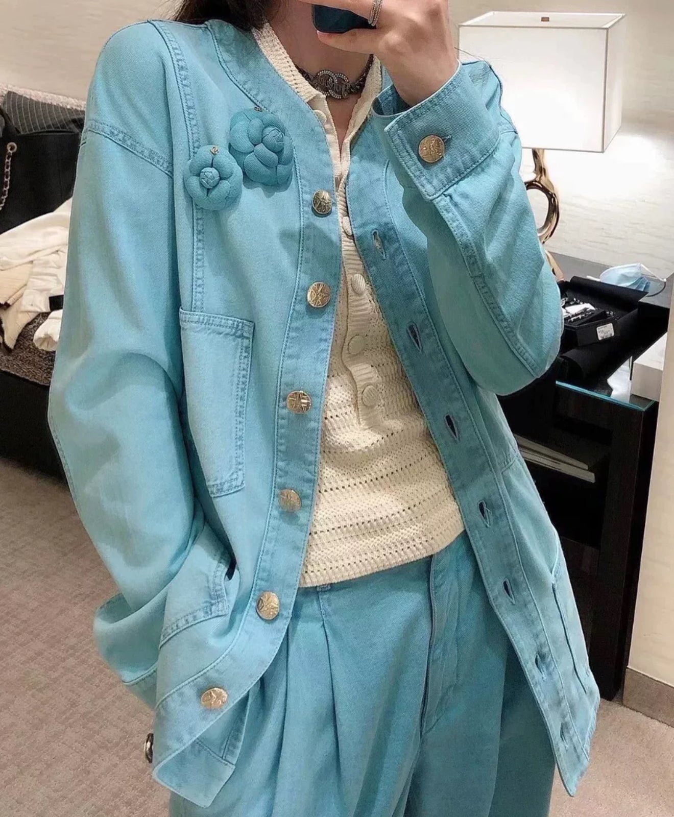 Chanel 21S Turquoise Blue Denim Camellia BroochJacket